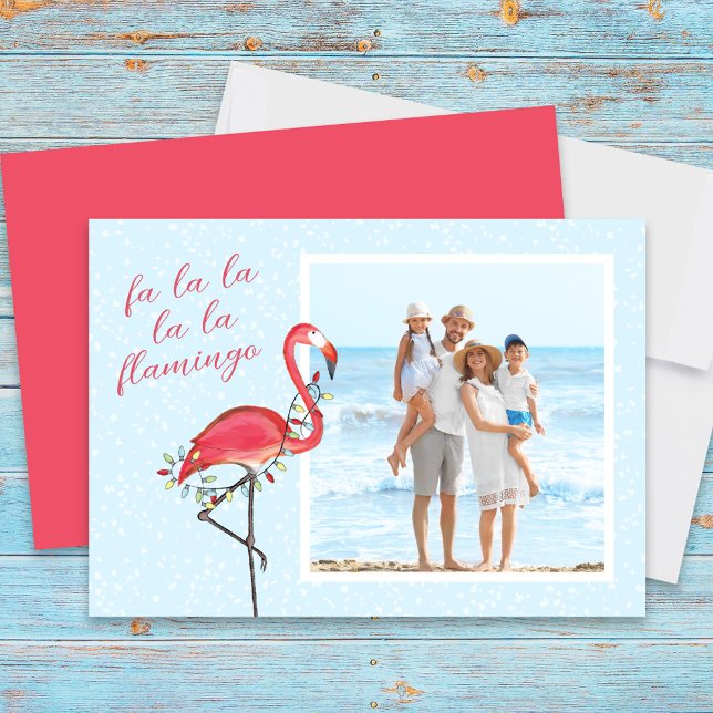 Tarjeta Festiva Navidades Foto Playa Cute Playa Rosa Flamingo Trop (Christmas fa la la la la flamingo photo card)
