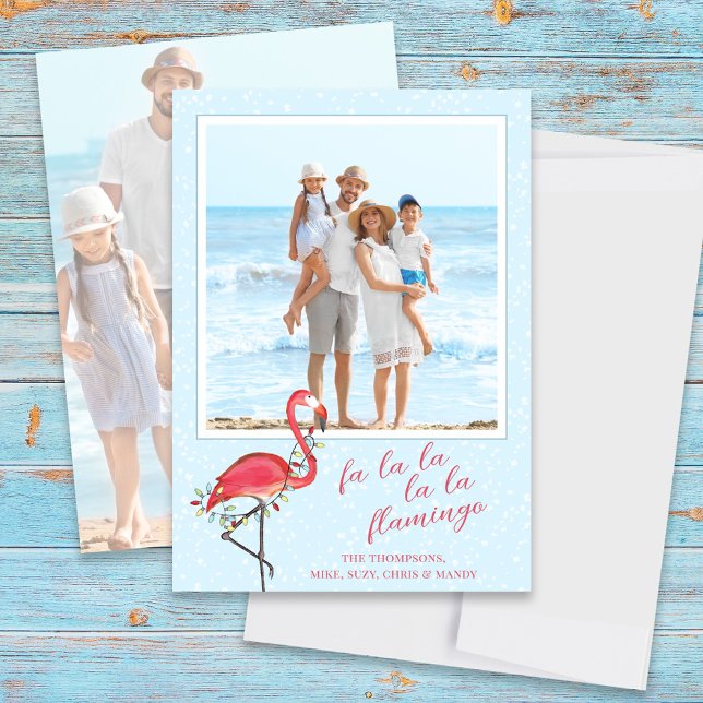 Tarjeta Festiva Navidades Foto Playa Cute Playa Rosa Flamingo Trop (Christmas photo card with a whimsical pink flamingo. )