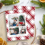 Tarjeta Festiva Navidades Foto Red Plaid<br><div class="desc">Esta tarjeta de collage de fotos de Navidades festivos presenta un patrón de manto de damas de color rojo y blanco con texto y 3 fotos para personalizar. La parte posterior incluye un patrón de coincidencia. Buscar elementos coincidentes en las tarjetas de vacaciones de color de agua de Navidades con...</div>