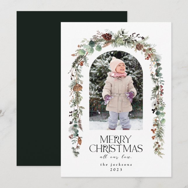 Tarjeta Festiva Navidades Foto Rústica Verdor Berries Cedar (Anverso / Reverso)