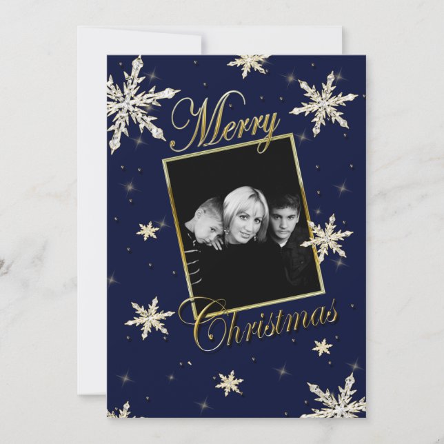 TARJETA FESTIVA NAVIDADES - FOTO ÚNICA - SNOWFLAKES - NAVY/GOLD (Anverso)