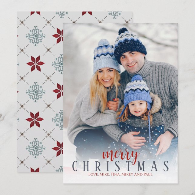 Tarjeta Festiva Navidades Fotografía Festividad Rojo Azul Elegante (Anverso / Reverso)