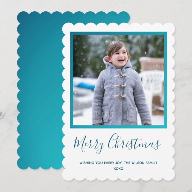Tarjeta Festiva Navidades fotográficos azules blancos (Anverso / Reverso)
