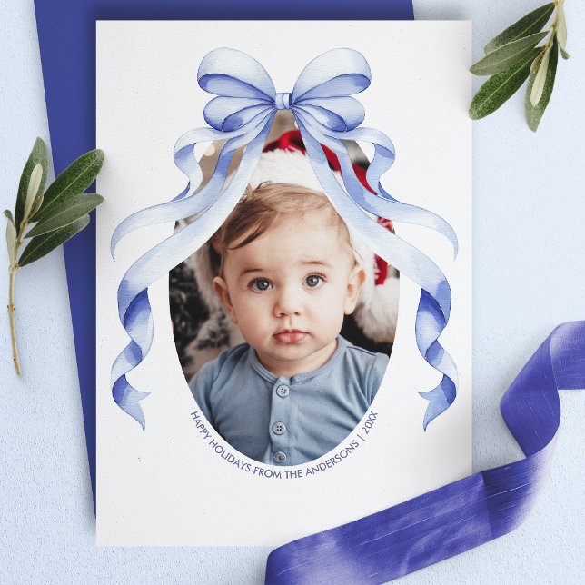 Tarjeta Festiva Navidades fotográficos Blue Bow Oval (Subido por el creador)