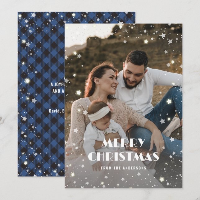 Tarjeta Festiva Navidades fotográficos Blue Buffalo Plaid Snow Sta (Anverso / Reverso)