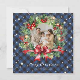 Tarjeta Festiva Navidades fotográficos Blue Buffalo Plaid Wreath S