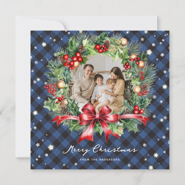 Tarjeta Festiva Navidades fotográficos Blue Buffalo Plaid Wreath S (Anverso)