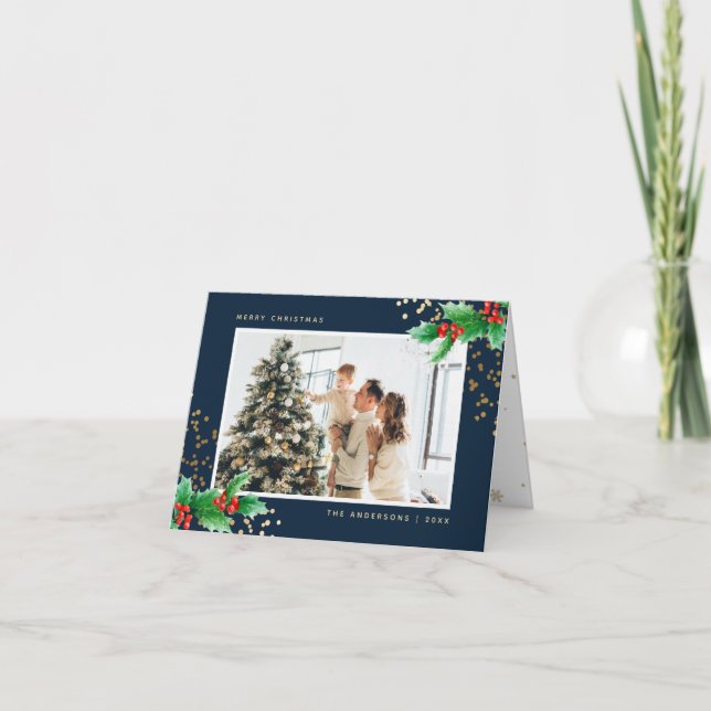 Tarjeta Festiva Navidades fotográficos Blue Watercolor Holly Berri (Anverso)