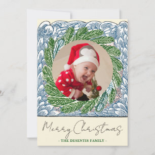 Tarjeta Festiva Navidades fotográficos Blue Wave Evergreen Frame O