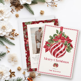 Tarjeta Festiva Navidades fotográficos clásicos de ornamentos rojo