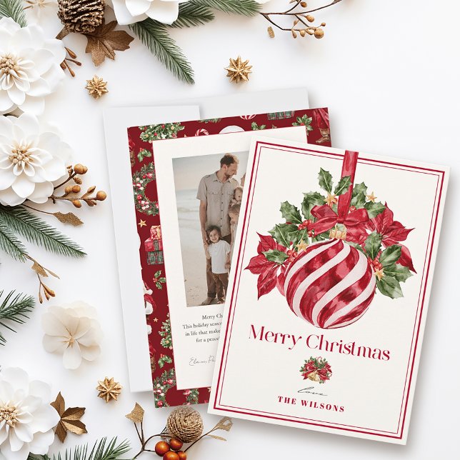 Tarjeta Festiva Navidades fotográficos clásicos de ornamentos rojo (Subido por el creador)