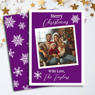 Tarjeta Festiva Navidades fotográficos con copos de nieve morado y