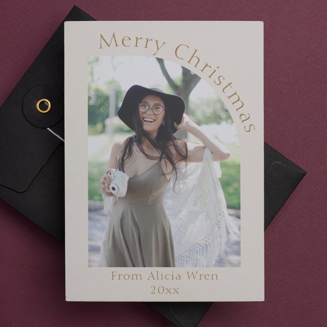 Tarjeta Festiva Navidades fotográficos de arte moderno con crema d (single person christmas card modern arch cream and gold with photo)