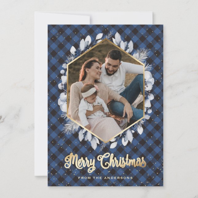Tarjeta Festiva Navidades fotográficos de Blue Gold Plaid (Anverso)