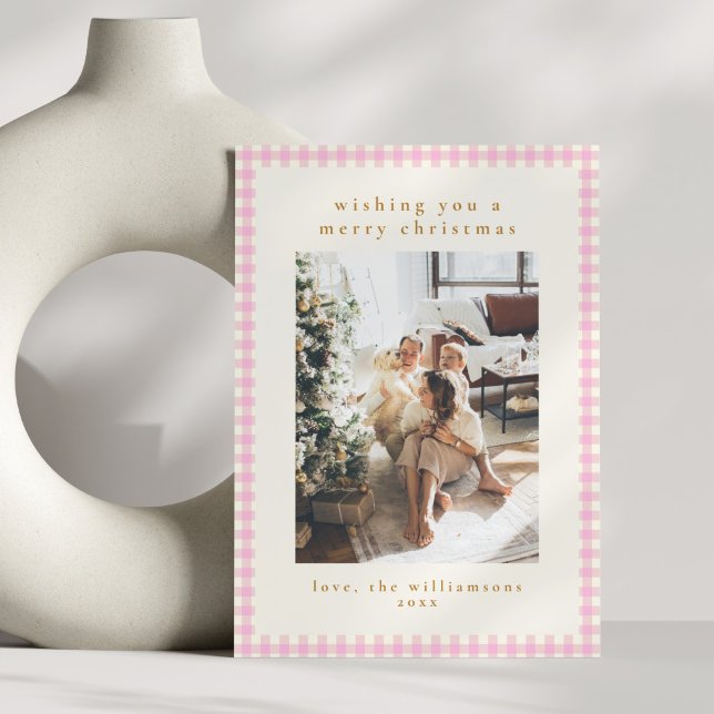 Tarjeta Festiva Navidades fotográficos de Cute Pink Gingham Plaid (Subido por el creador)