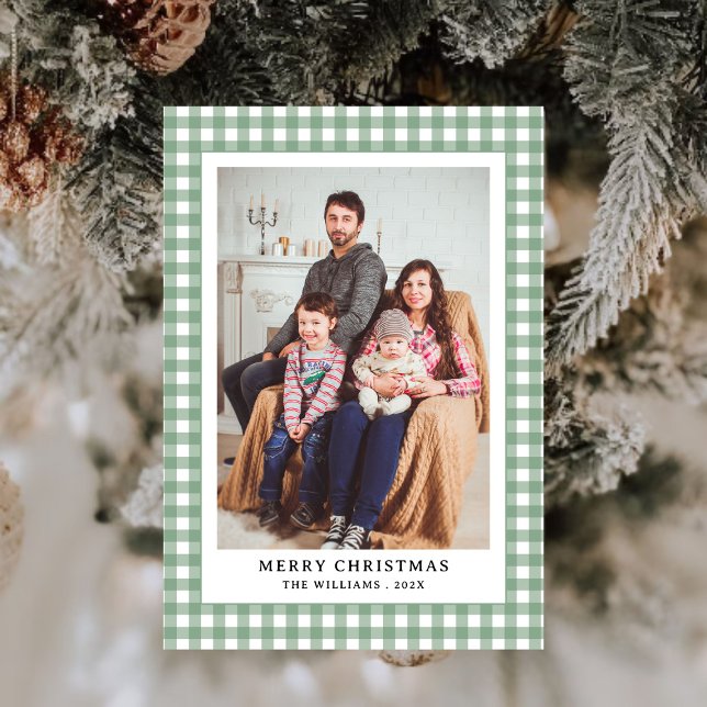 Tarjeta Festiva Navidades fotográficos de Gingham Plaid Green simp (Subido por el creador)