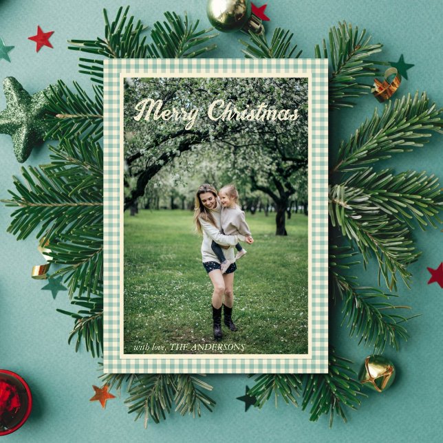 Tarjeta Festiva Navidades fotográficos de Gingham Rustic Green Pla (Subido por el creador)