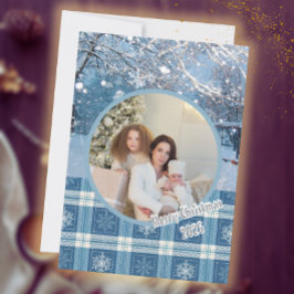 Tarjeta Festiva Navidades fotográficos de invierno de color azul a