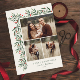 Tarjeta Festiva Navidades fotográficos de invierno Greenery Ivory
