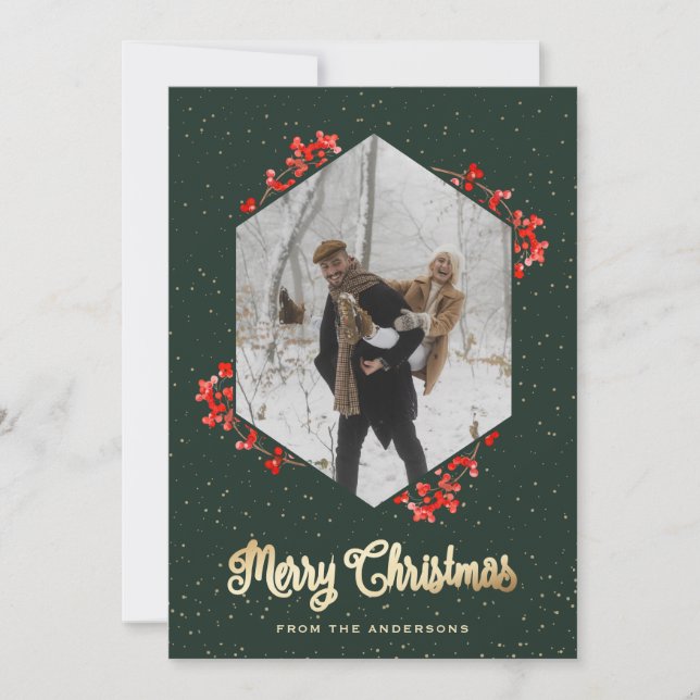Tarjeta Festiva Navidades fotográficos de la caligrafía verde de l (Anverso)