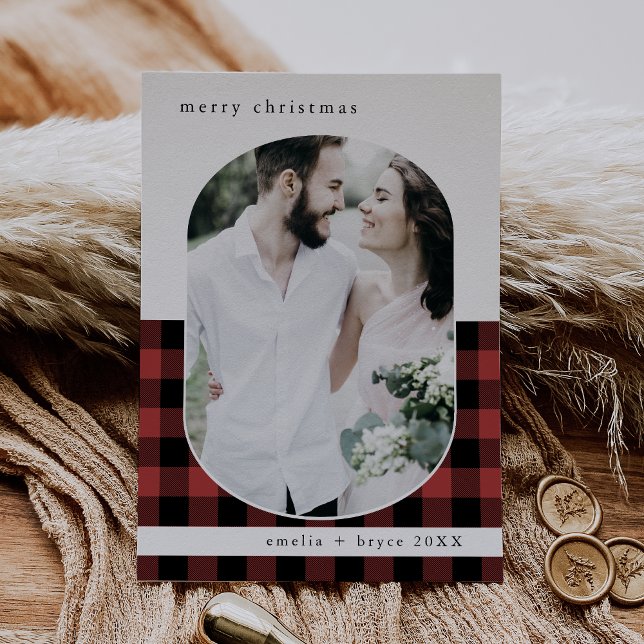 Tarjeta Festiva NAVIDADES fotográficos de la familia ANNA Red Buff (ANNA Red Buffalo Plaid Family Photo Christmas Holiday Card)