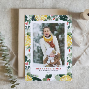 Tarjeta Festiva Navidades fotográficos de limón y vegetación acuar
