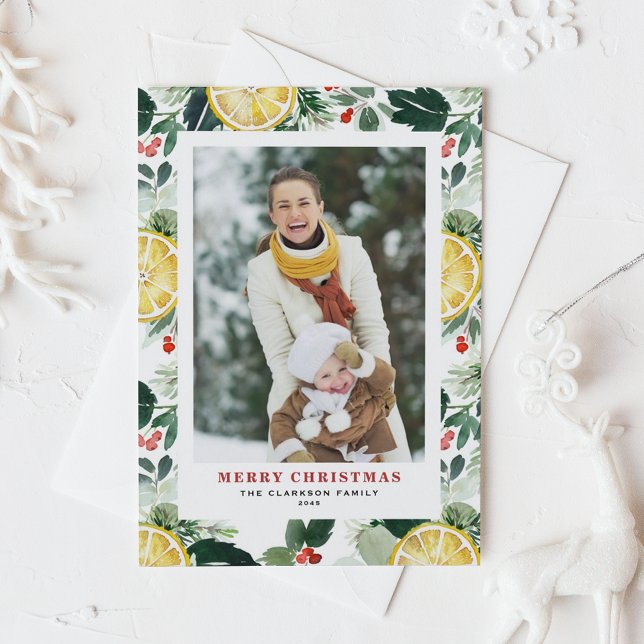 Tarjeta Festiva Navidades fotográficos de limón y vegetación acuar (Customizable Photo Christmas Card with Watercolor Lemon, Holly, and Winter Greenery)
