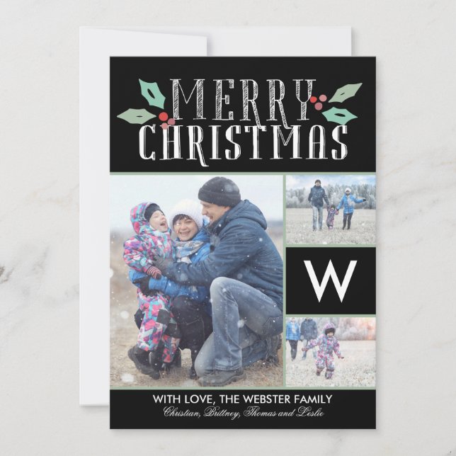 Tarjeta Festiva Navidades fotográficos de Modern Hollies Monograma (Anverso)