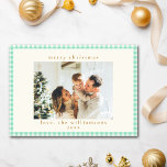 Tarjeta Festiva Navidades fotográficos de Personalizado de Placas<br><div class="desc">Vintage Mint Green Gingham Plaid Personalizado Foto Navidades Tarjeta de vacaciones</div>
