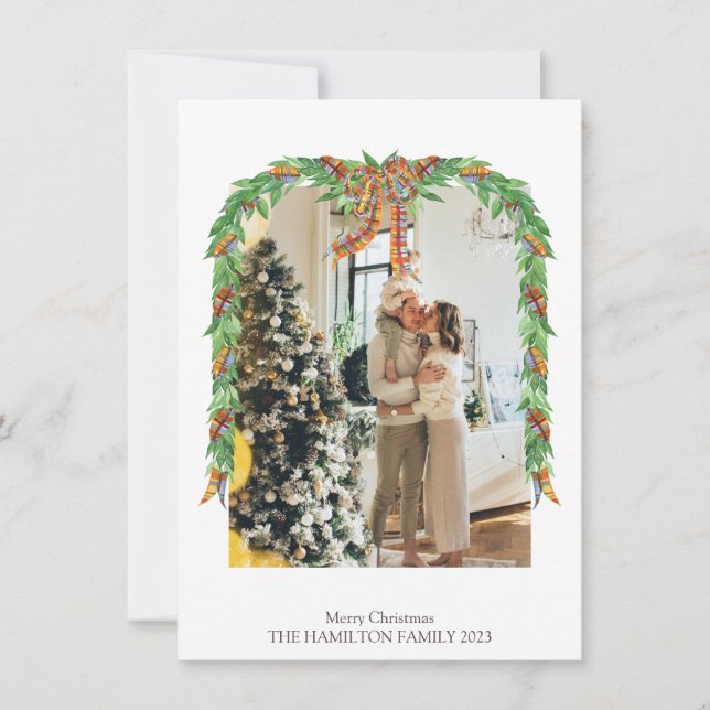 Tarjeta Festiva Navidades fotográficos de Plaid Naranja Blue Bow G (Anverso)