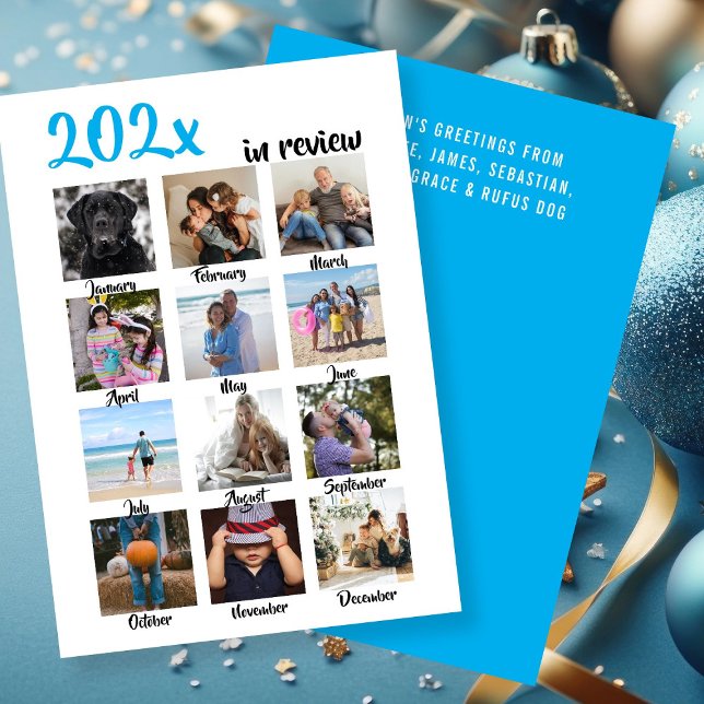 Tarjeta Festiva Navidades fotográficos de revisión de año personal (Year in Review Photo Christmas Personalized Holiday Card by Ricaso. Colorful, fun 12 photo cards)