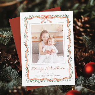 Tarjeta Festiva Navidades fotográficos de tramas de cinta roja de