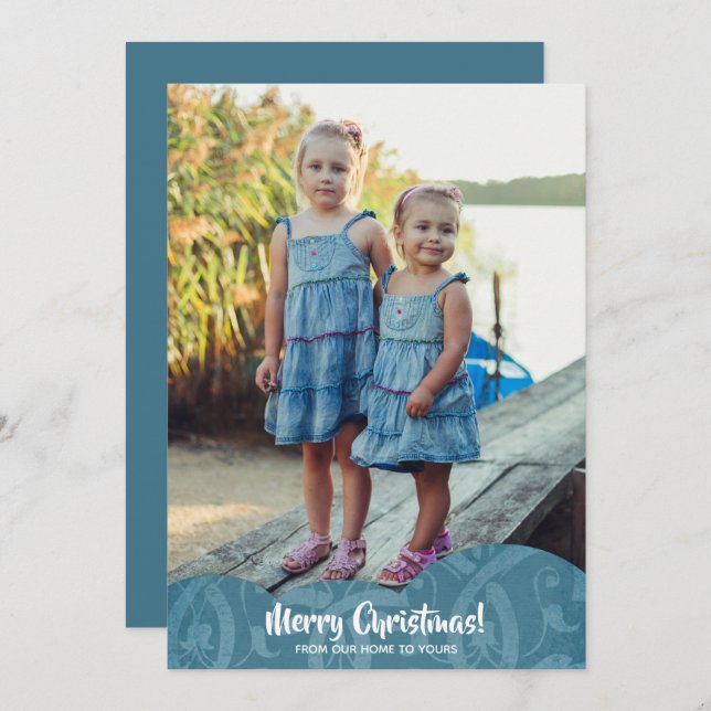 Tarjeta Festiva Navidades fotográficos de Turquoise Linen Filigree (Anverso / Reverso)