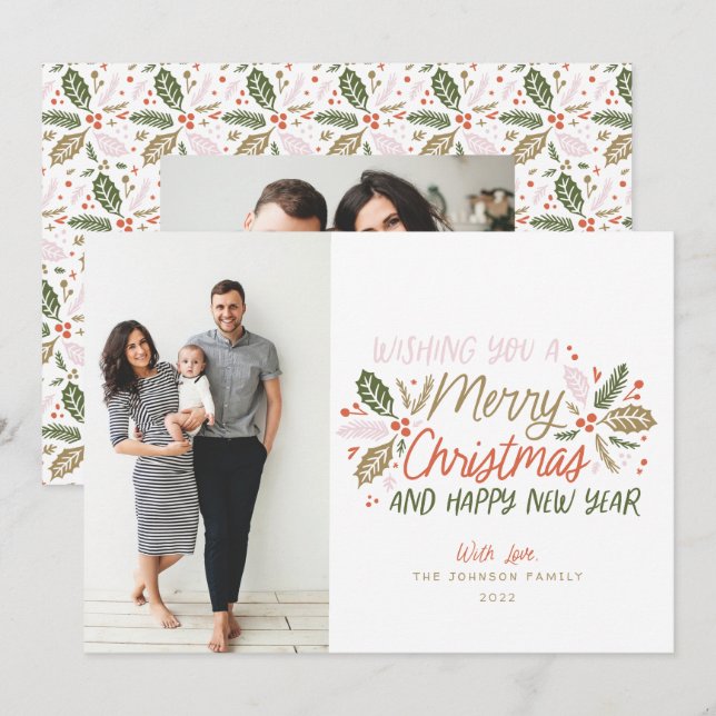 Tarjeta Festiva Navidades fotográficos de Vintage Holly (Anverso / Reverso)