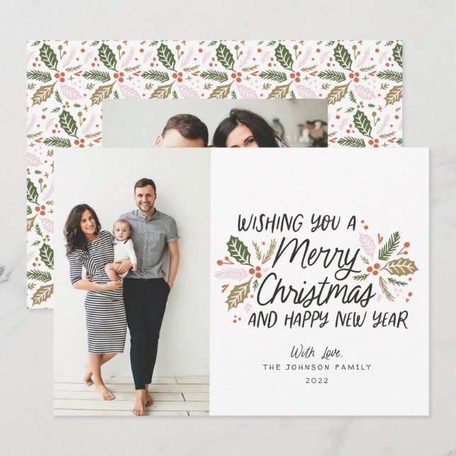 Tarjeta Festiva Navidades fotográficos de Vintage Holly (Anverso / Reverso)