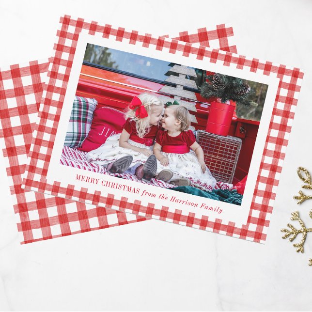 Tarjeta Festiva Navidades fotográficos de Watercolor Red Gingham (Subido por el creador)