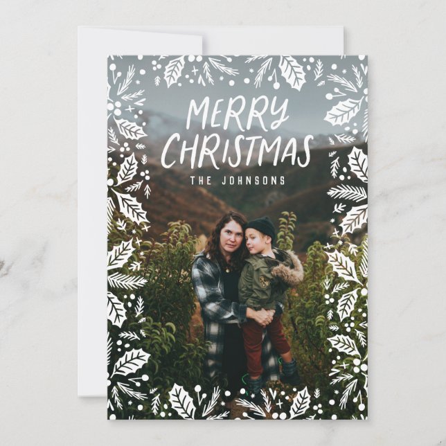 Tarjeta Festiva Navidades fotográficos de Whimsy White Holly Borde (Anverso)