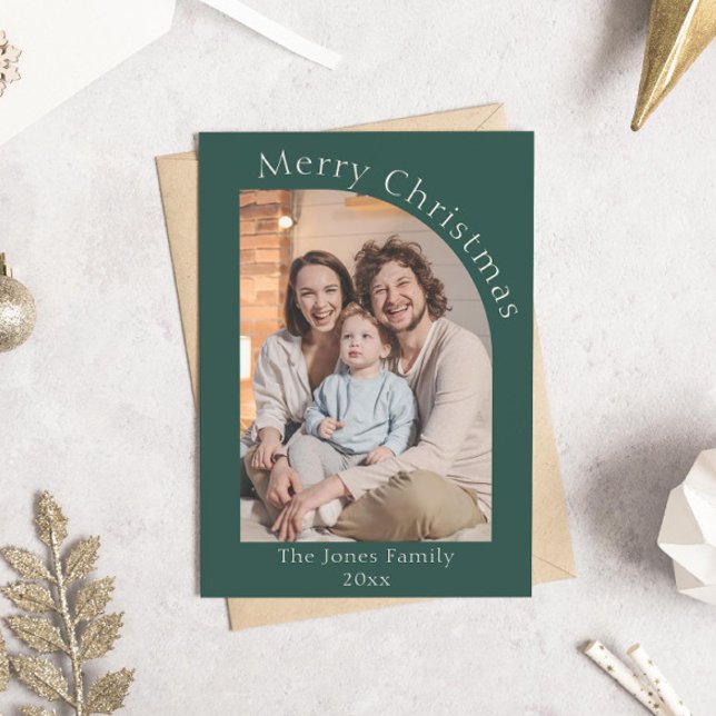 Tarjeta Festiva Navidades fotográficos del Arco Moderno Verde (modern boho green arch photo christmas holiday card)