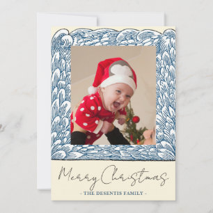 Tarjeta Festiva Navidades fotográficos del marco de la ola azul de