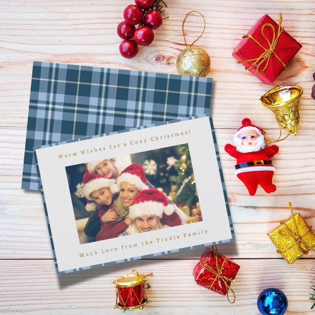 Tarjeta Festiva Navidades fotográficos familiares Cute Blue Gingha (Blue Gingham Plaid Single Photo Christmas Holiday Greeting Card)