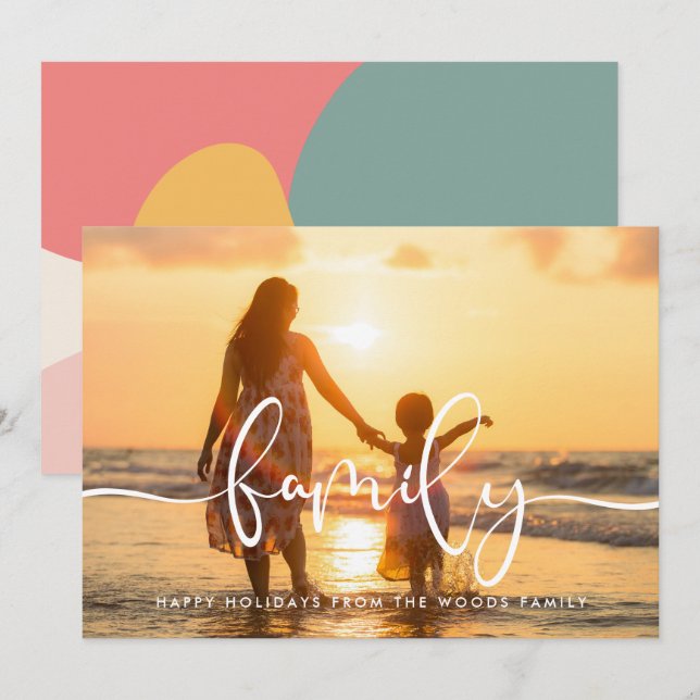 Tarjeta Festiva Navidades fotográficos familiares de caligrafía mo (Anverso / Reverso)