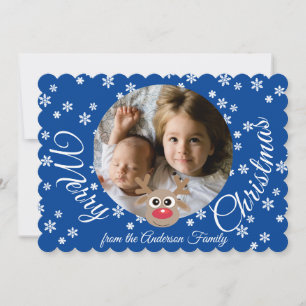 Tarjeta Festiva Navidades fotográficos guión blanco de reno azul