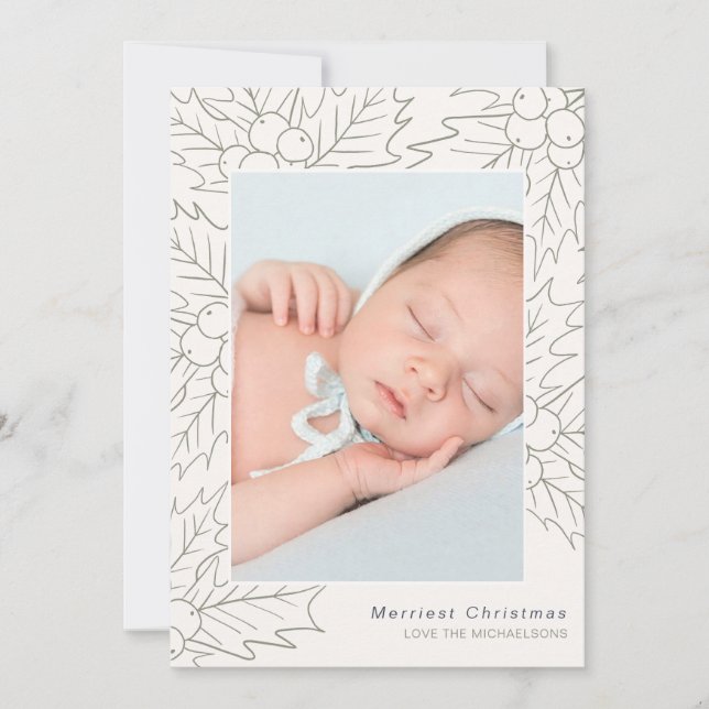 Tarjeta Festiva Navidades fotográficos Holly y Berries Cream y Sag (Anverso)