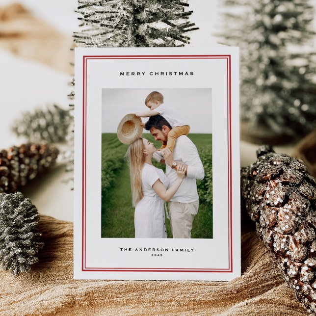 Tarjeta Festiva Navidades fotográficos interminables de doble fron (This timeless holiday photo card features a refined double-line frame and classic serif typography.)