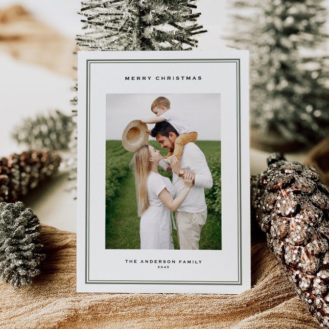 Tarjeta Festiva Navidades fotográficos interminables de la doble f (This timeless holiday photo card features a refined double-line frame and classic serif typography.)