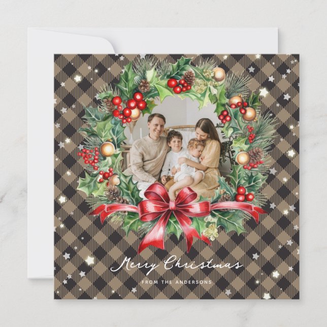 Tarjeta Festiva Navidades fotográficos Khaki Buffalo Plaid Wreath  (Anverso)