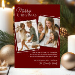 Tarjeta Festiva Navidades fotográficos Maroon Red 2<br><div class="desc">¿Desea añadir un toque personal a sus saludos de vacaciones de este año? ¡Nuestras tarjetas de Navidad modernas son sólo el boleto! Con un fondo rojo marrón, y espacio para no una, sino dos de tus fotos favoritas, estas tarjetas son un canvas festivo para tus recuerdos más apreciados. Añade tu...</div>