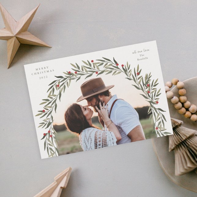 Tarjeta Festiva Navidades fotográficos modernos de Green Arch (Elegant greenery arch photo christmas holiday cards.)