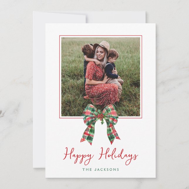 Tarjeta Festiva Navidades fotográficos Plaid Coquette Bow y Holly (Anverso)