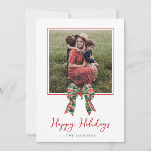 Tarjeta Festiva Navidades fotográficos Plaid Coquette Bow y Holly
